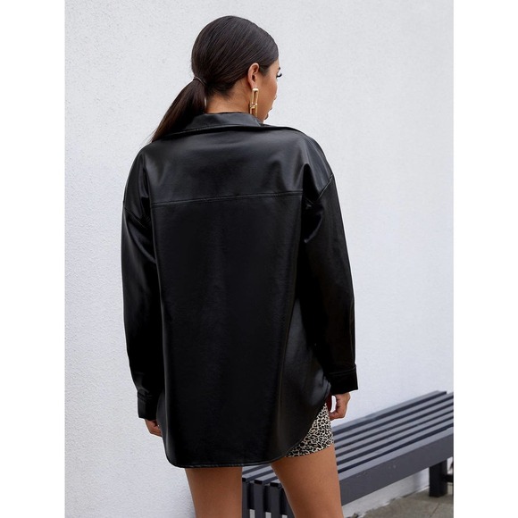 Flap Pocket Front Drop Shoulder vegan Leather jacket fall black - Picture 2 of 5